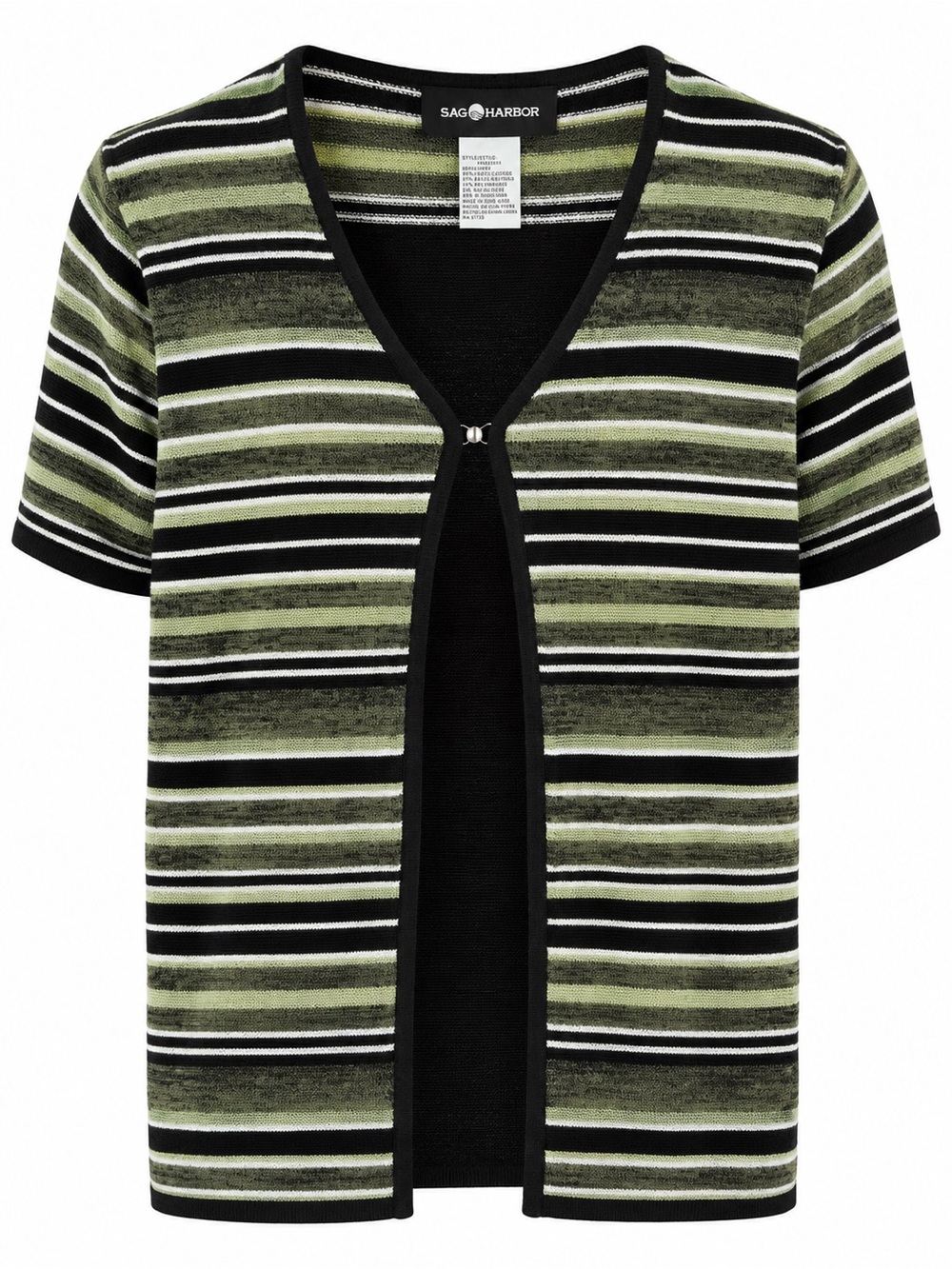 Sag Harbor Women’s Olive Green Black Striped Knit Short Sleeve Cardigan Top M